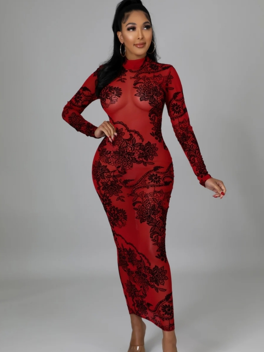 NWOT Open Back Floral Sheer-Overlay Long Sleeve Maxi Dress